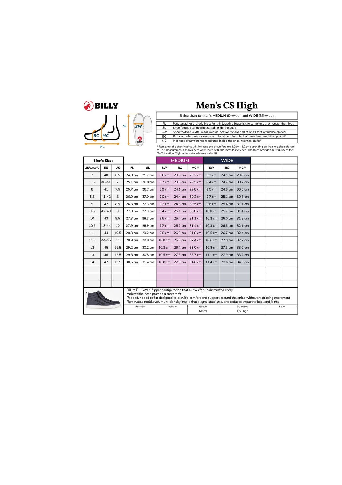 BILLY Footwear CS Sneaker Herrenschuh Medium/Weit schwarz hoch BM24170-001